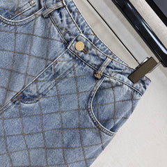 Chanel/Quilted Denim Trousers with Chain Detail