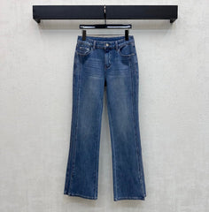 Chanel/Leather-Patch Bootcut Denim Trousers