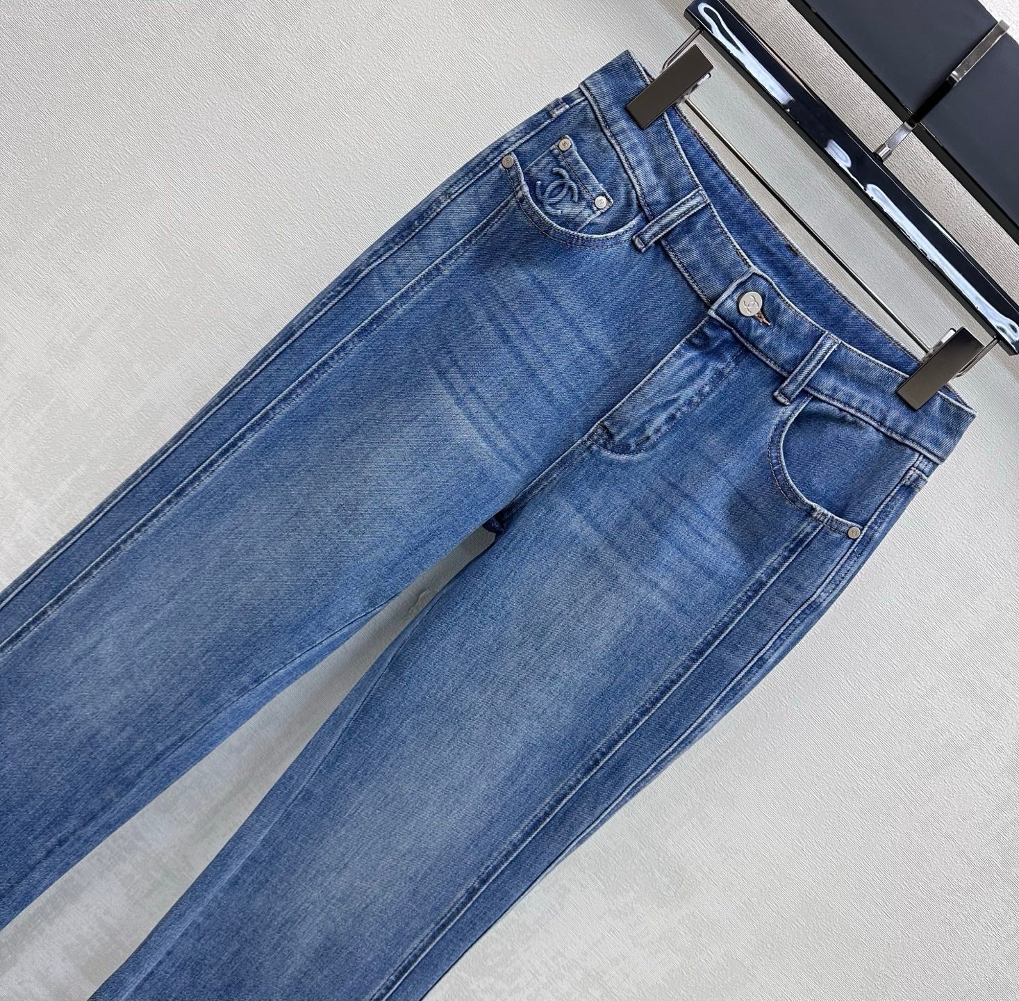 Chanel/Leather-Patch Bootcut Denim Trousers