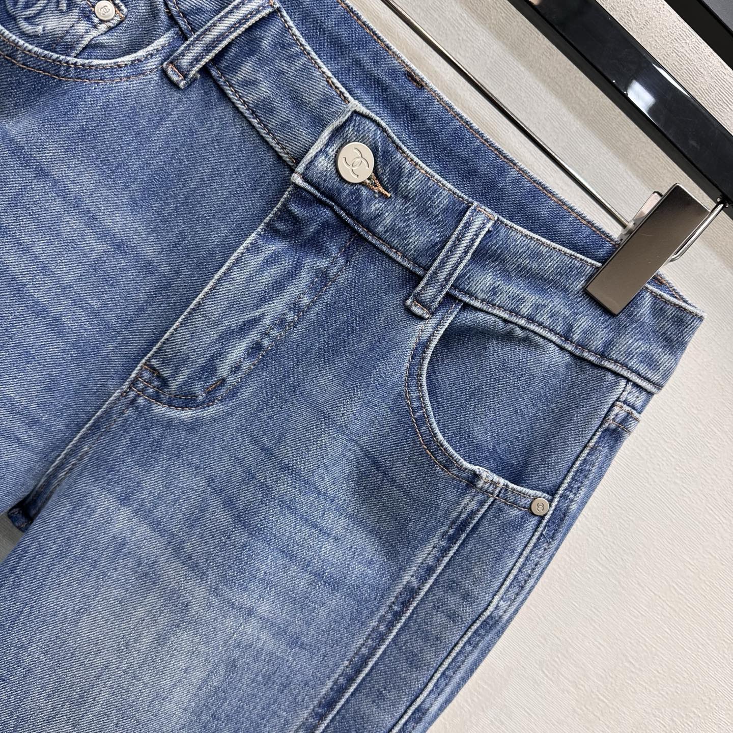 Chanel/Leather-Patch Bootcut Denim Trousers