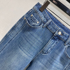 Chanel/Leather-Patch Bootcut Denim Trousers