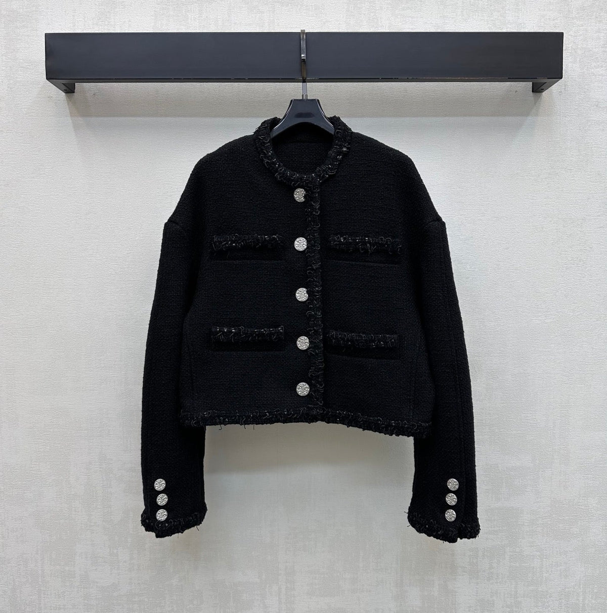 Chanel/Bound-Edge Crew-Neck Tweed Jacket