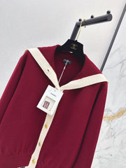 Chanel/Color-block knit cardigan featuring a nautical-style collar