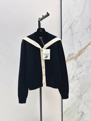 Chanel/Color-block knit cardigan featuring a nautical-style collar