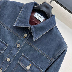 Chanel/Leather-Collared Denim Shirt-Jacket