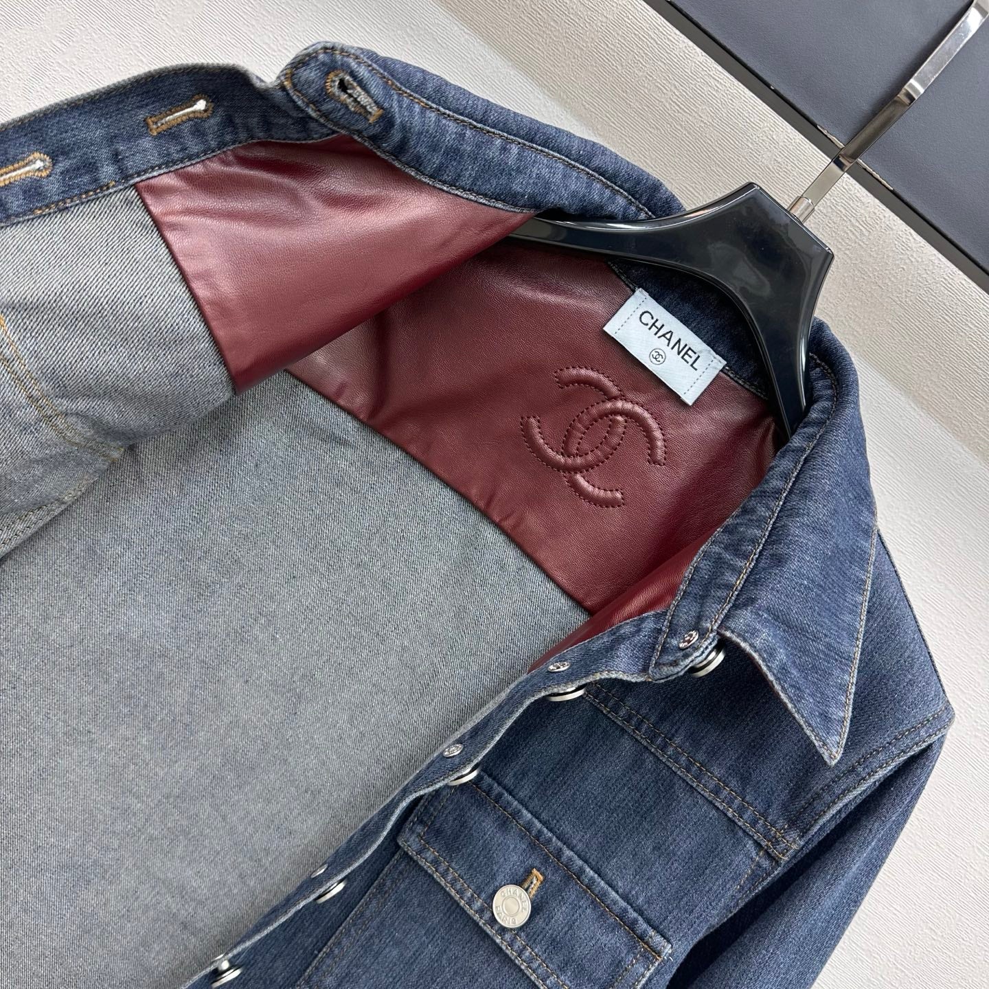 Chanel/Leather-Collared Denim Shirt-Jacket