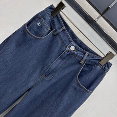 Chanel/Leather-Patch Bootcut Denim Trousers