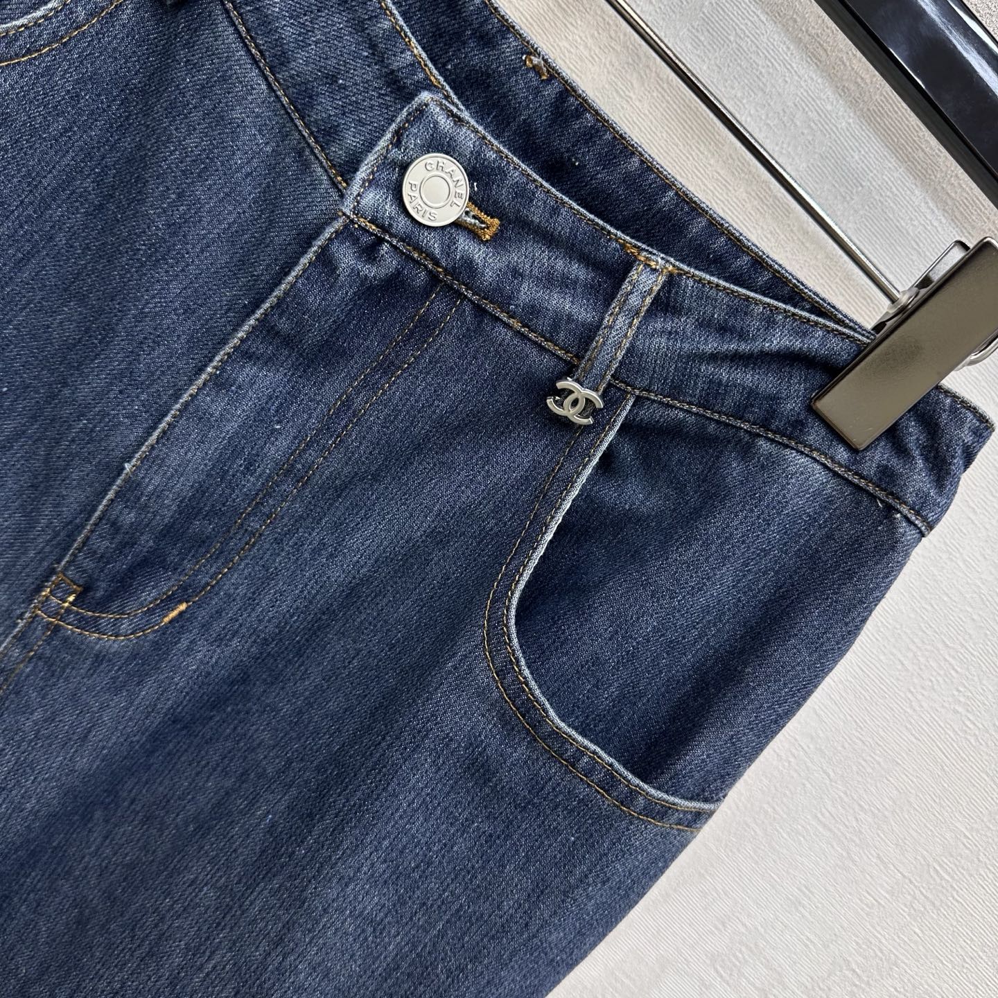 Chanel/Leather-Patch Bootcut Denim Trousers