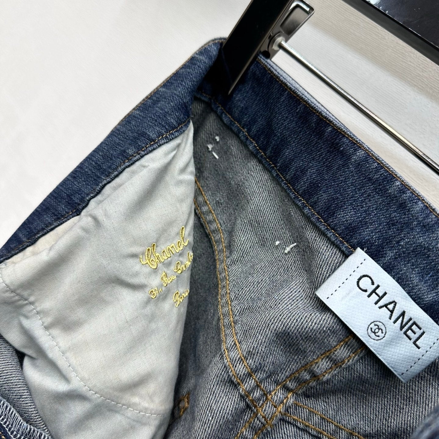 Chanel/Leather-Patch Bootcut Denim Trousers