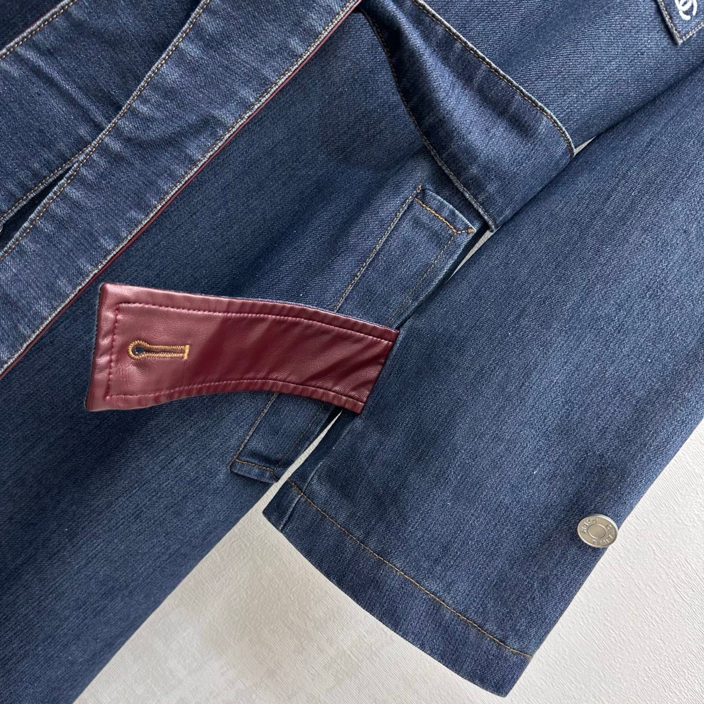 Chanel/Leather-Collared Denim Trench Coat