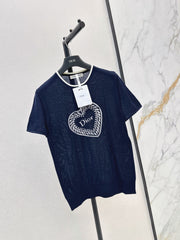 Short-Sleeved Knit Top with Heart Embroidery