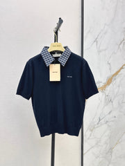 Short-Sleeve Knit Top with Plaid Collar