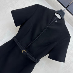 Fabric-Covered Button  Metal Belt Dress