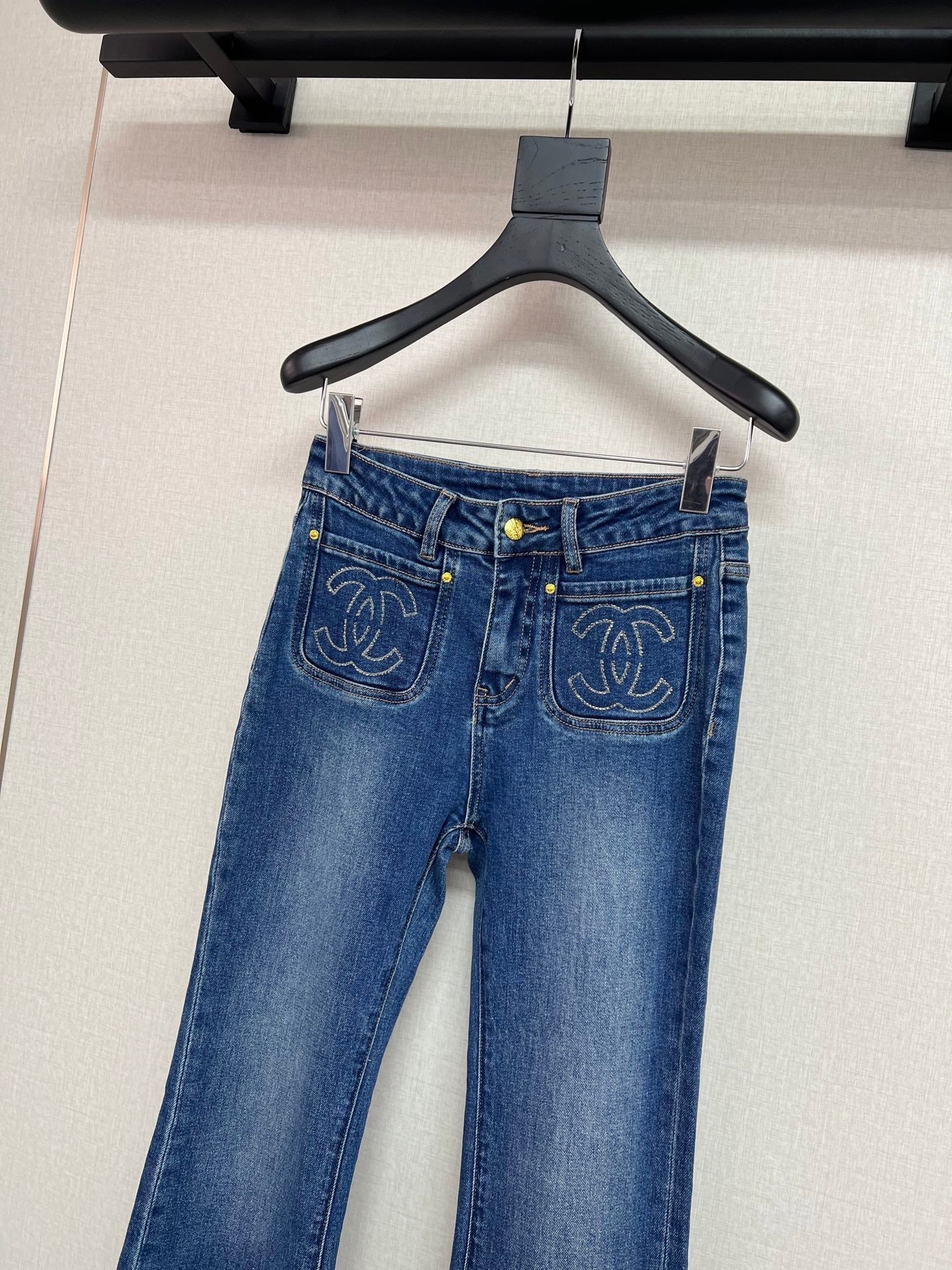 Rhinestone-Embellished Pocket Flare Jeans
