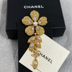Golden Flower Petal and Marquise-Cut Stone Brooch