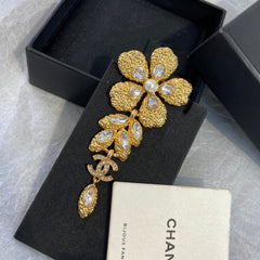 Golden Flower Petal and Marquise-Cut Stone Brooch