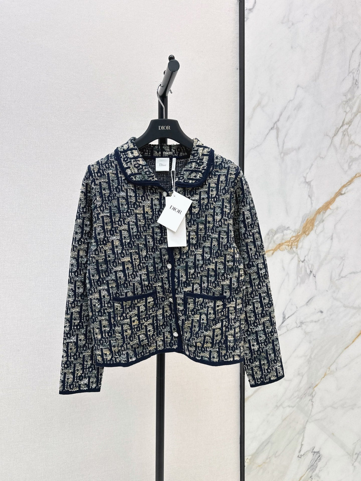 Jacquard-Knit Collared Cardigan