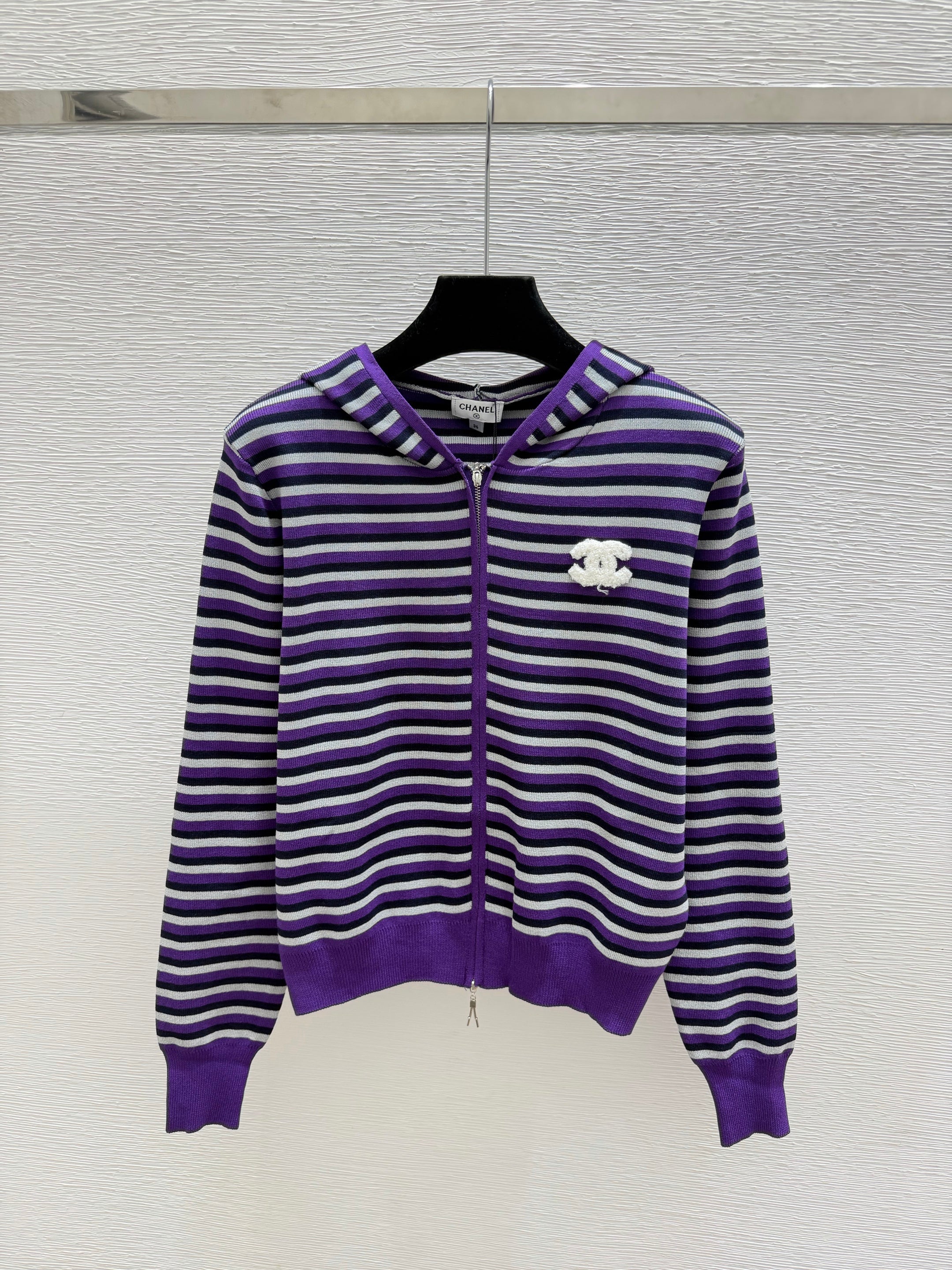 chanel/26 New Double C Stripe Hoodie Knit Cardigan