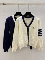 Thom Browne/26 New Puppy Embroidered Four-Bar V-Neck Cable Knit Cardigan