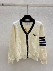 Thom Browne/26 New Puppy Embroidered Four-Bar V-Neck Cable Knit Cardigan
