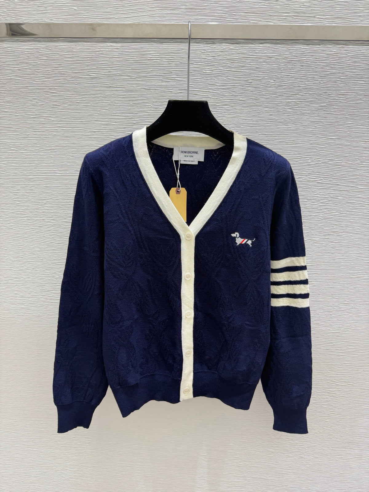 Thom Browne/26 New Puppy Embroidered Four-Bar V-Neck Cable Knit Cardigan