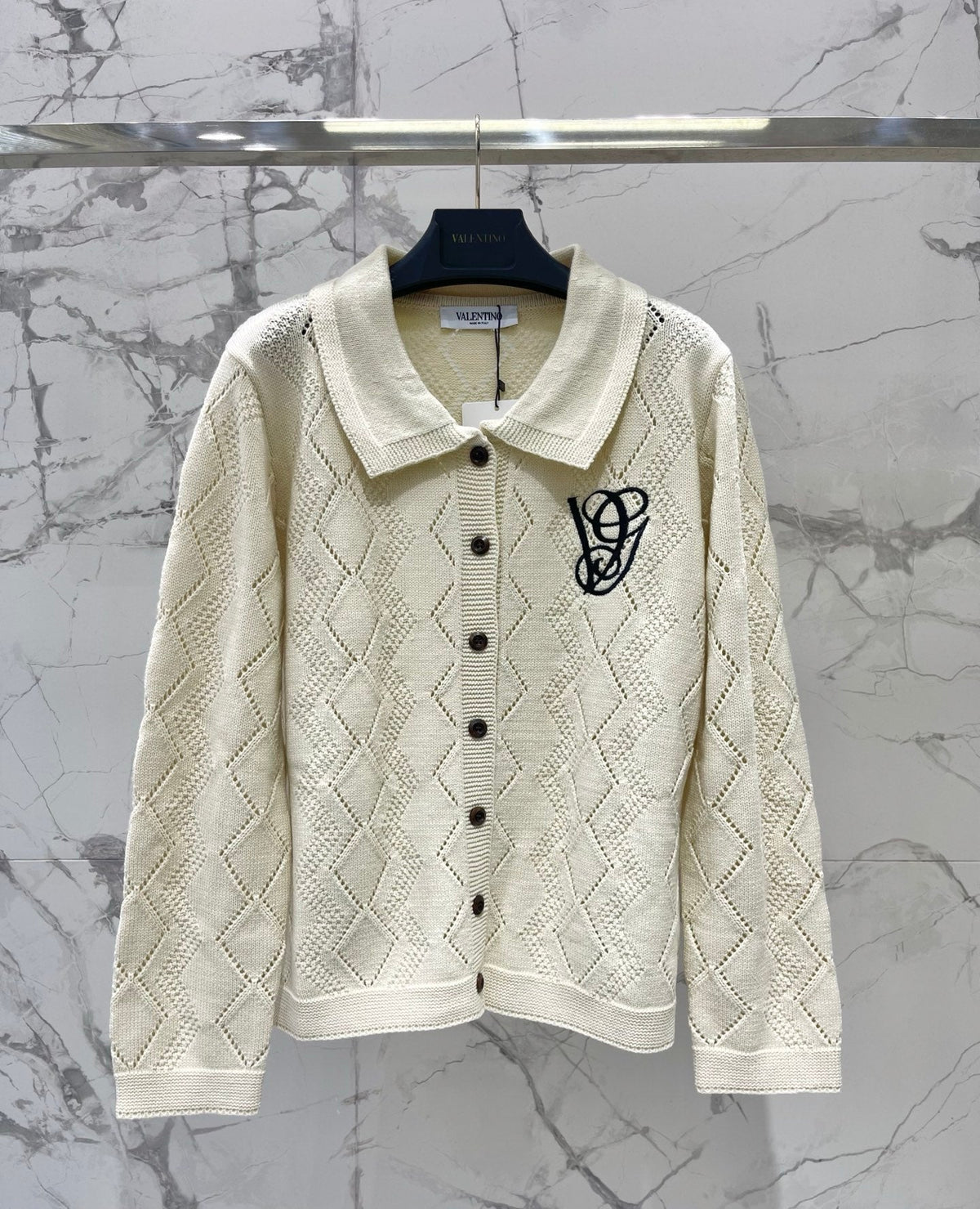 Valentino/26 New Simple Turn-Down Collar Hollow Crochet Knit Cardigan