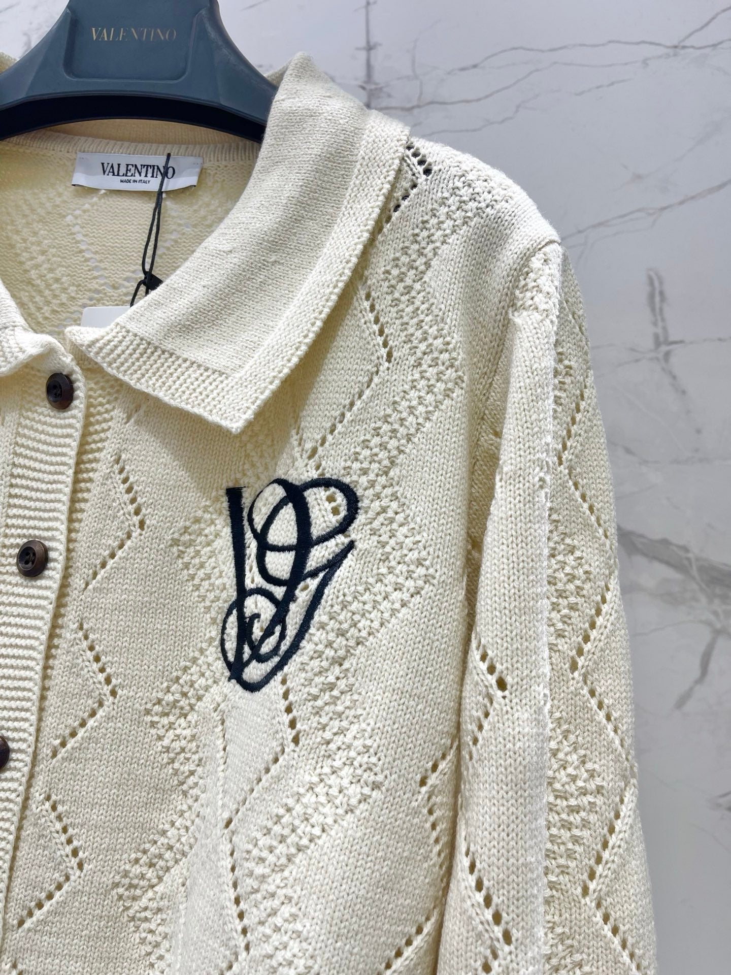 Valentino/26 New Simple Turn-Down Collar Hollow Crochet Knit Cardigan