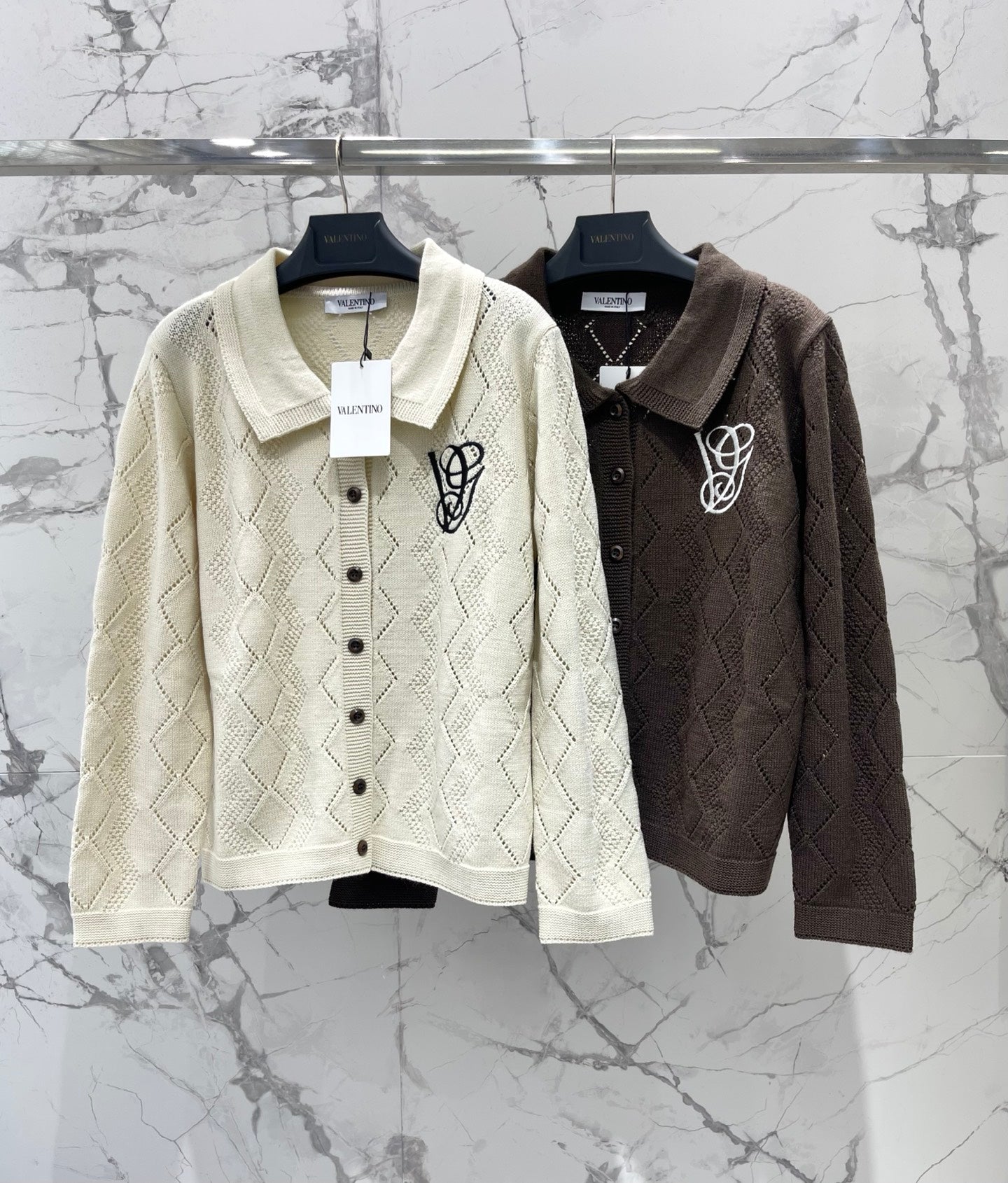 Valentino/26 New Simple Turn-Down Collar Hollow Crochet Knit Cardigan