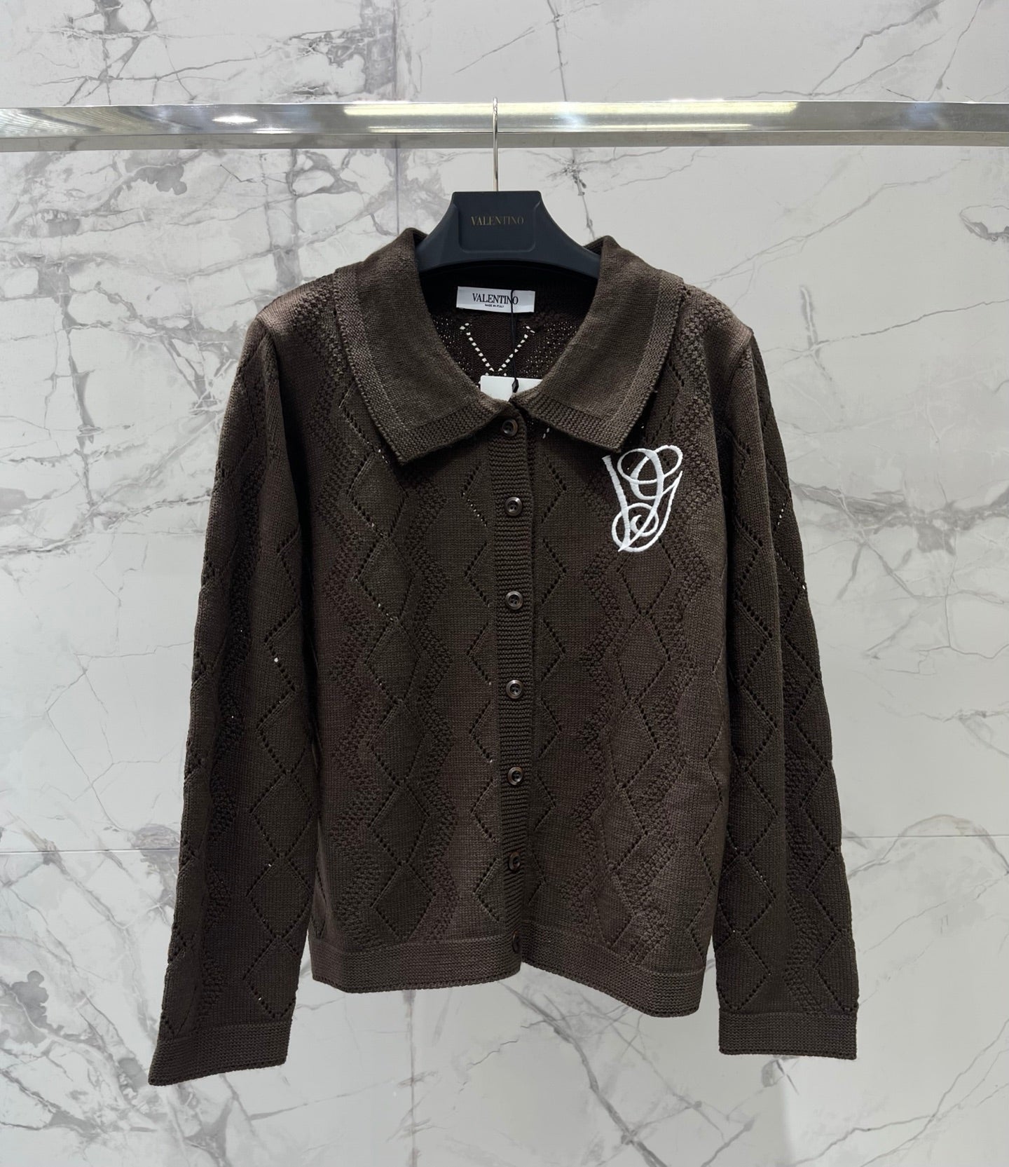 Valentino/26 New Simple Turn-Down Collar Hollow Crochet Knit Cardigan