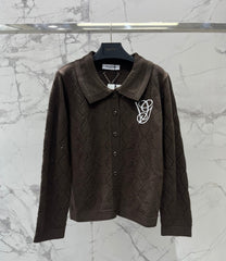 Valentino/26 New Simple Turn-Down Collar Hollow Crochet Knit Cardigan