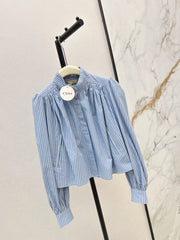 Chloé / 26 Early Autumn Latest Stand Collar Pleated Design Striped Shirt