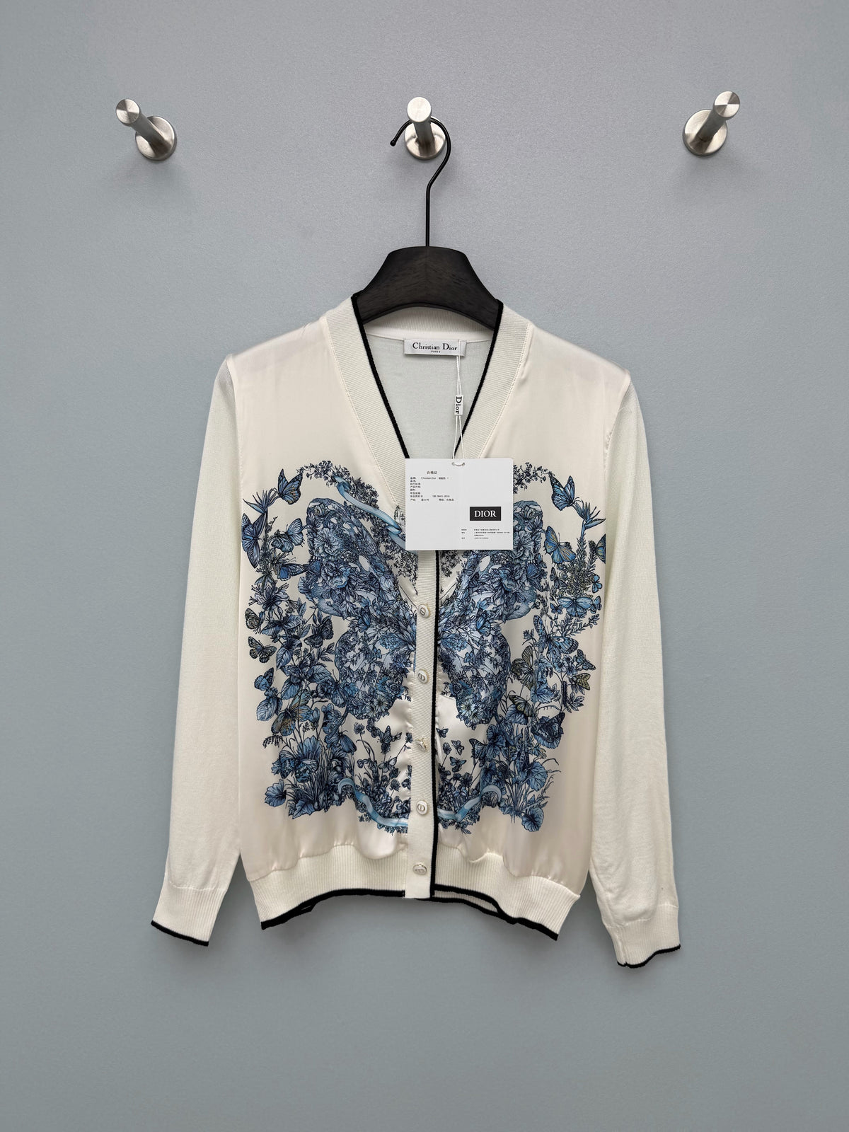 Dior / New Blue Butterfly Floral Satin Paneled Cardigan
