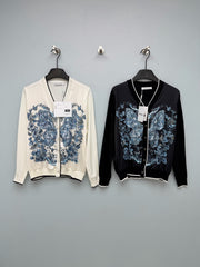 Dior / New Blue Butterfly Floral Satin Paneled Cardigan