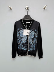 Dior / New Blue Butterfly Floral Satin Paneled Cardigan
