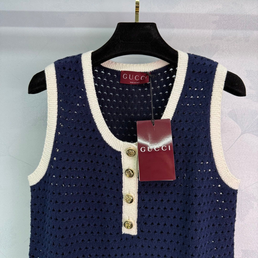 Contrast color hollow knitted vest dress