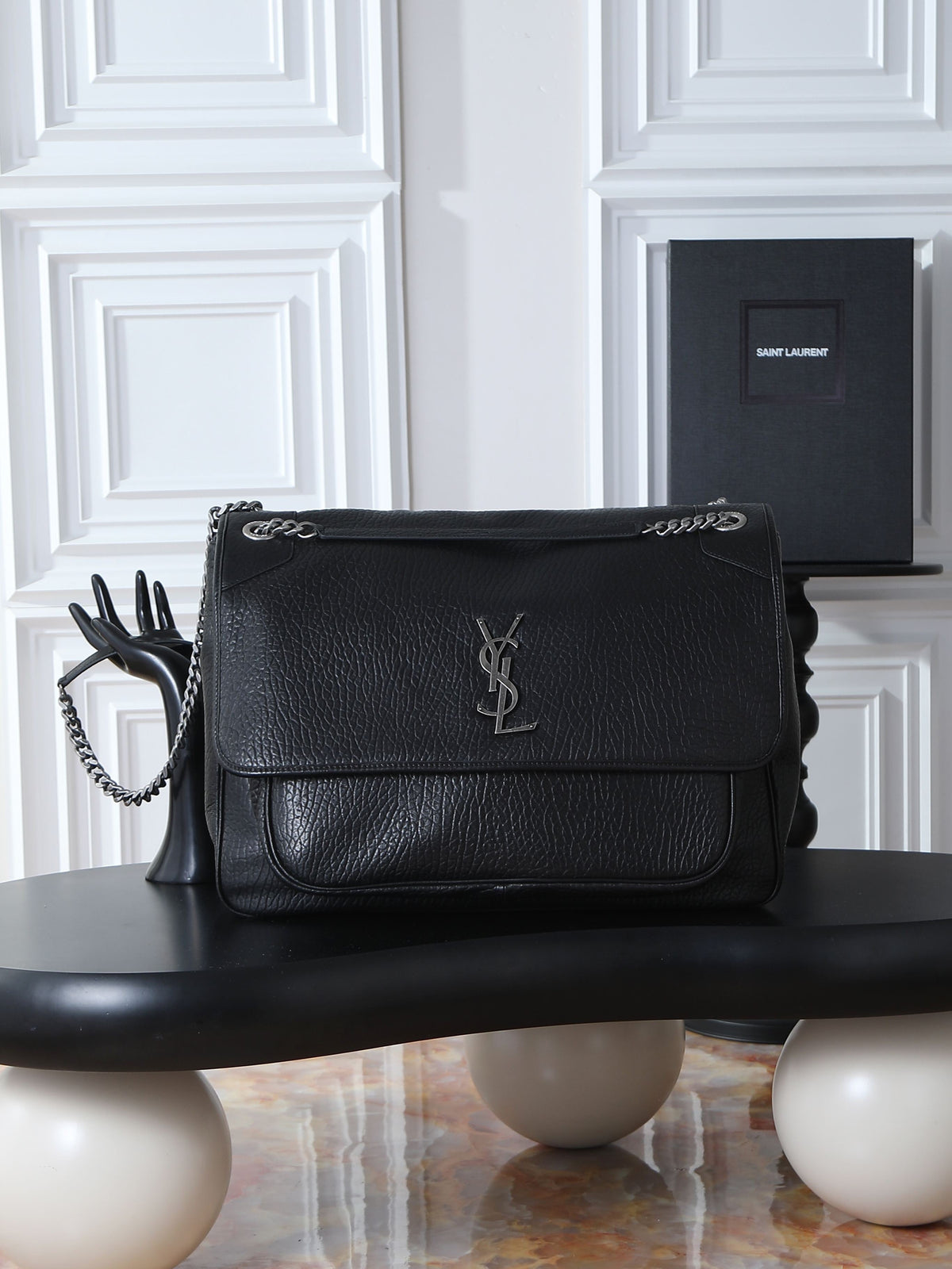 26SS New Niki Bag in Black Elephant-Grain Leather with Silver Hardware