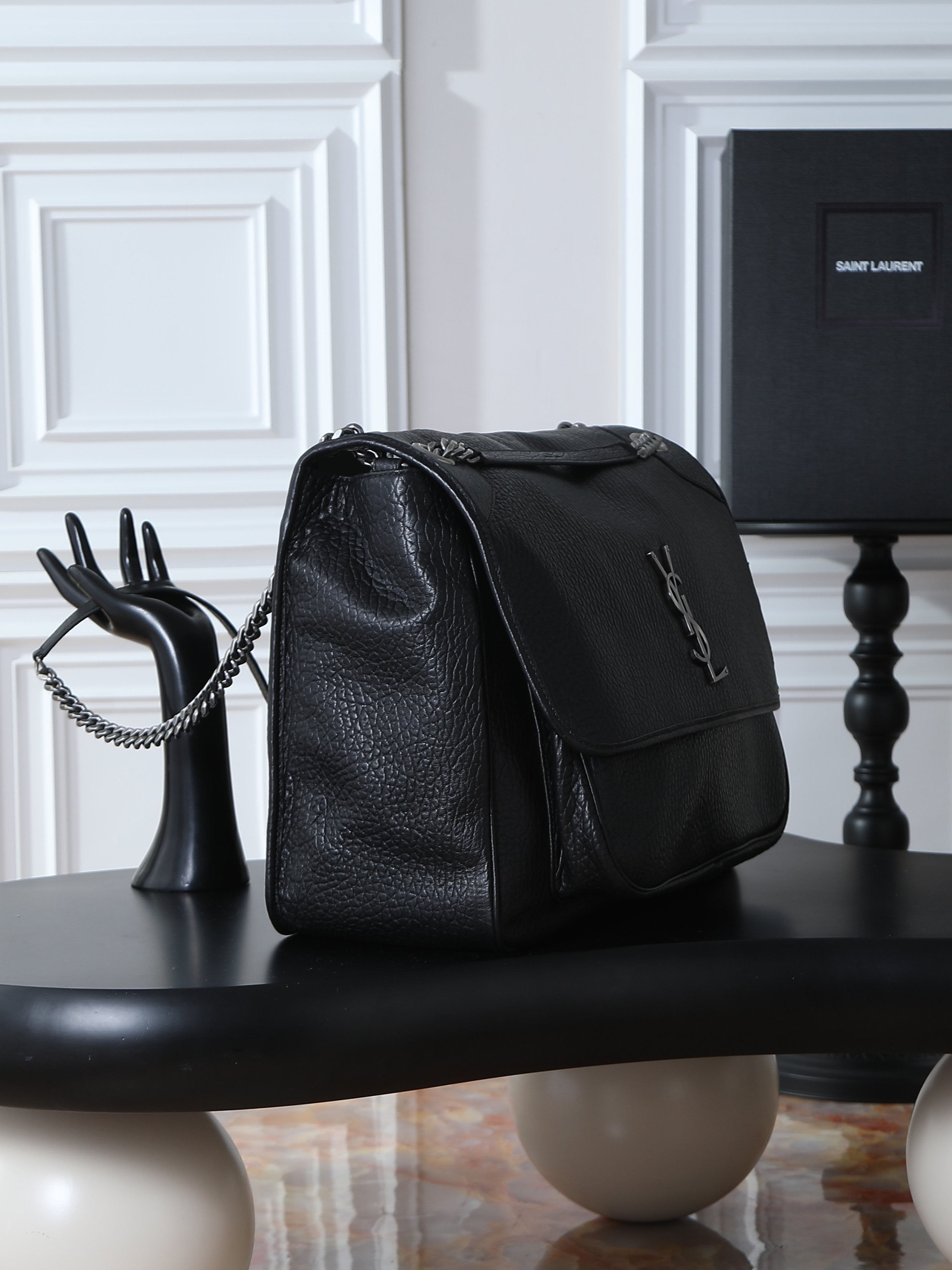 26SS New Niki Bag in Black Elephant-Grain Leather with Silver Hardware