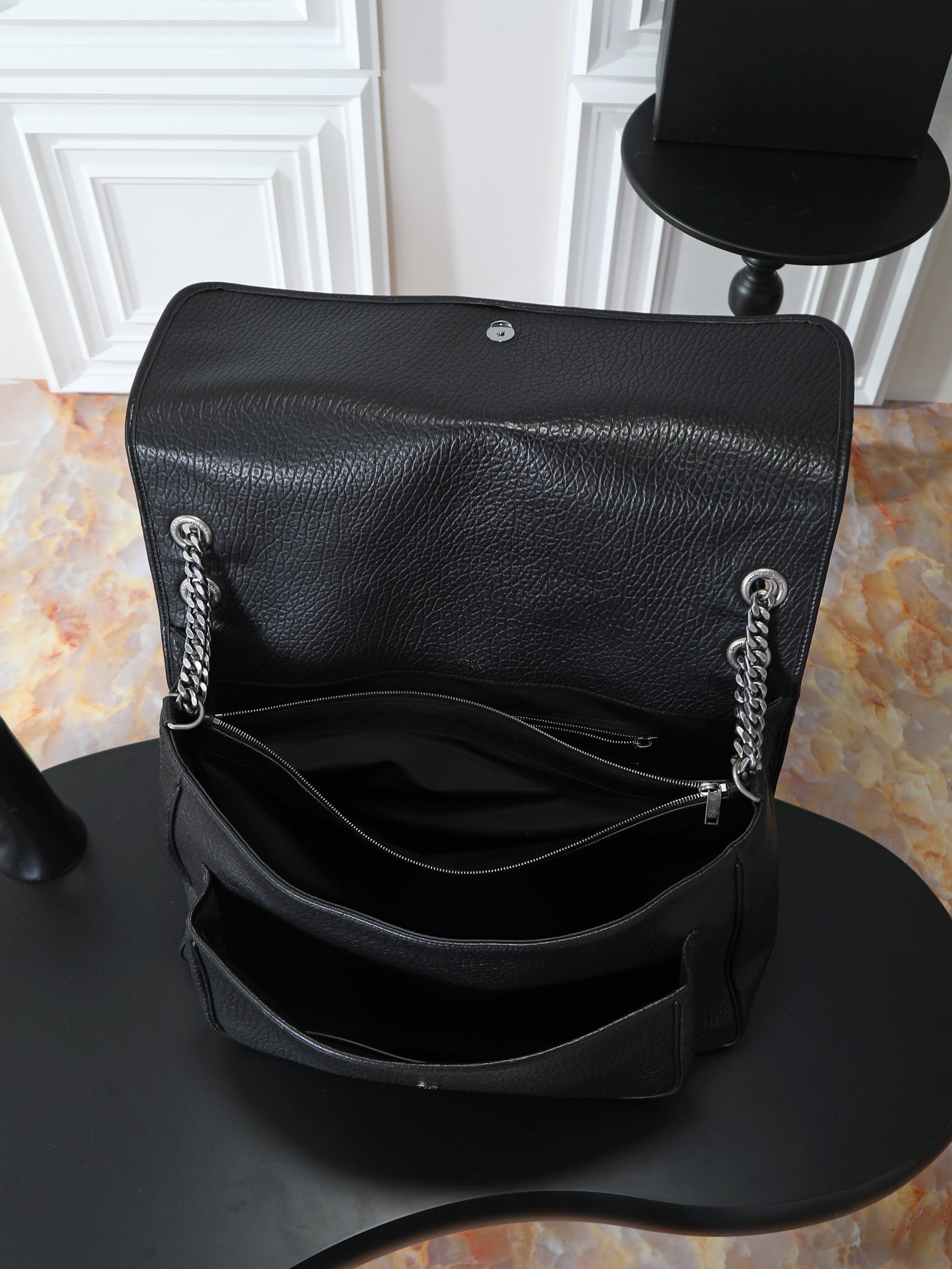 26SS New Niki Bag in Black Elephant-Grain Leather with Silver Hardware