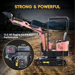 MS10 Pink Mini Excavator with Thumb Clamp, 1 Ton, Briggs & Stratton Engine, 13.5 HP