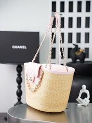 Chanel 2026 Shopping Bag Beige Pink Straw Lambskin