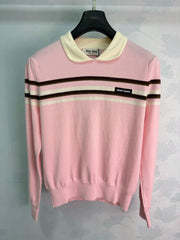 MiuMiu/26 Early Autumn New Color-Block Striped Collared Knit Long-Sleeve