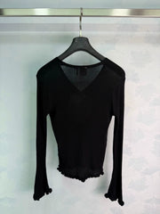 Dior/26 Early Autumn New V-Neck Ribbed Ruffle Cuff Bell Sleeve Knit Top/*