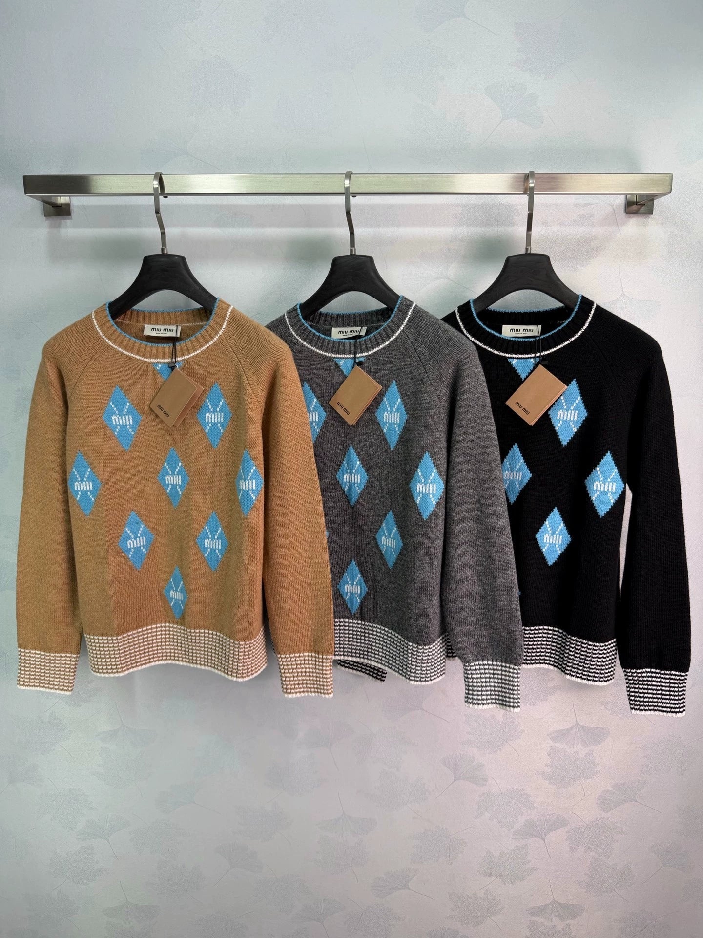 MiuMiu/26 New Season Diamond-Pattern & Stripe Knit Sweater