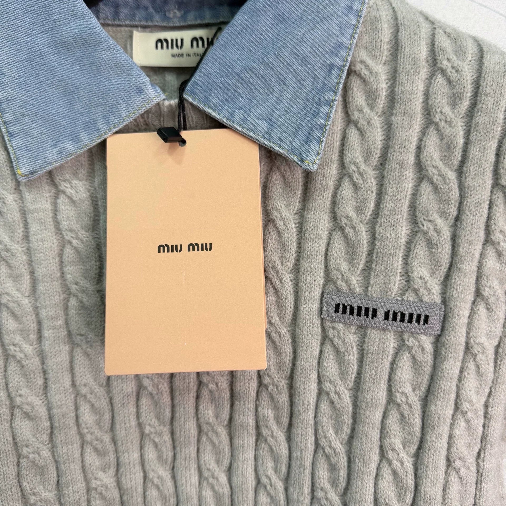 Miu Miu / Denim Patchwork Cable Knit Short Sleeve