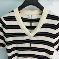 Yves Saint Laurent/26SS New Striped V-Neck Short-Sleeve Knit Top