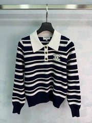 Chanel / 26F Early Autumn New Striped Polo Knit Sweater