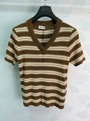 Yves Saint Laurent/26SS New Striped V-Neck Short-Sleeve Knit Top