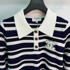 Chanel / 26F Early Autumn New Striped Polo Knit Sweater