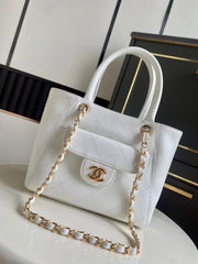 CHANEL 26S QUILTED SMALL SHOPPING TOTE 25 IN WHITE CAVIAR CALFSKIN GOLD HARDWARE