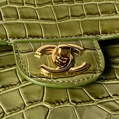 CHANEL 26S CC LOGO SHOULDER BAG 32 IN OLIVE GREEN CROCODILE-EMBOSSED CALFSKIN GOLD HARDWARE